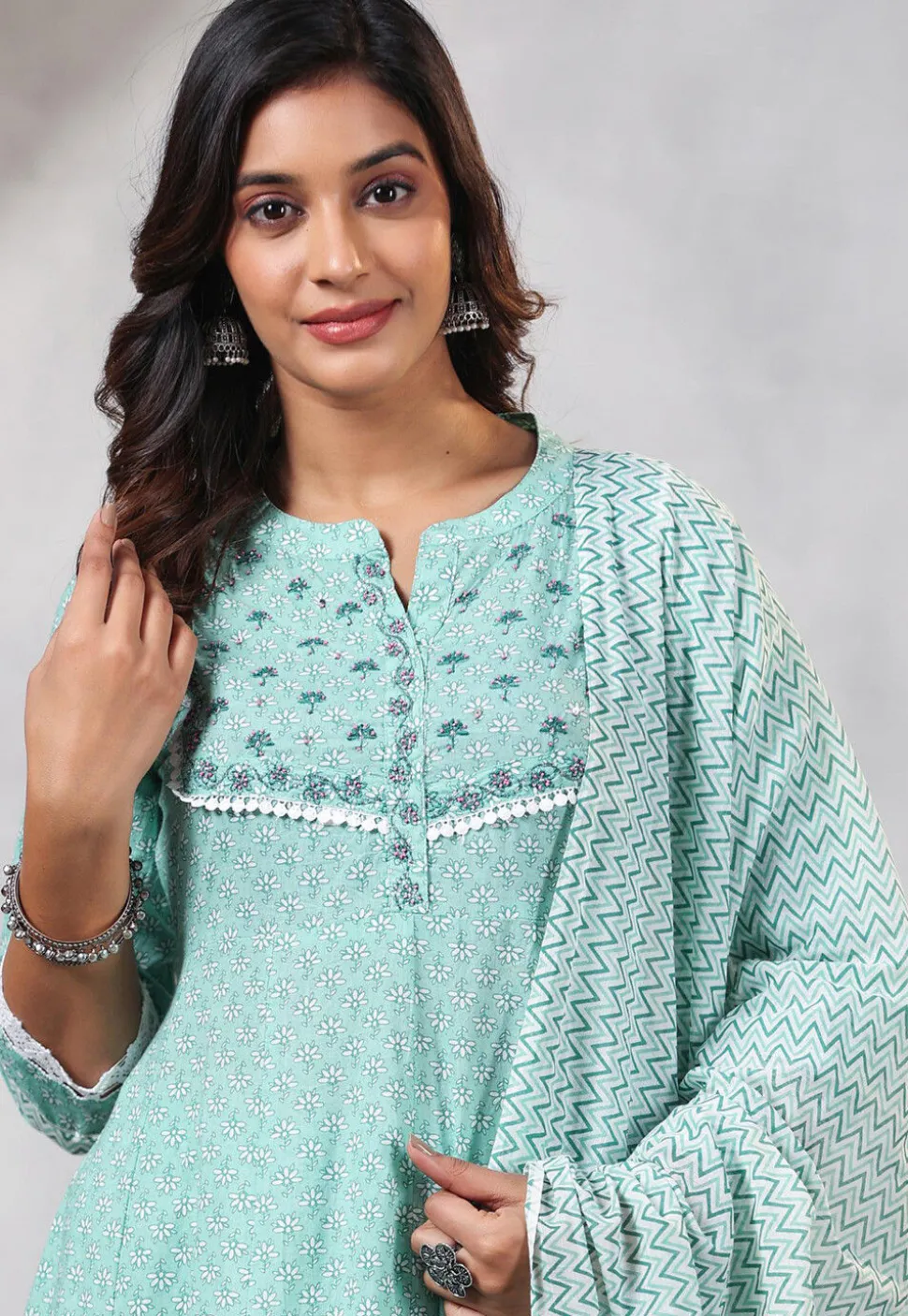 Printed Cotton Anarkali Suit in Sea Green