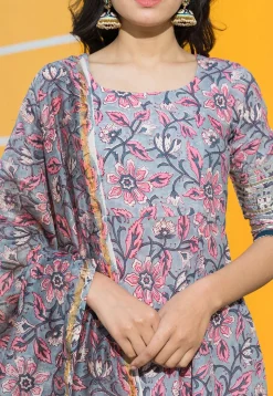 Printed Cotton Anarkali Suit in Grey and Pink