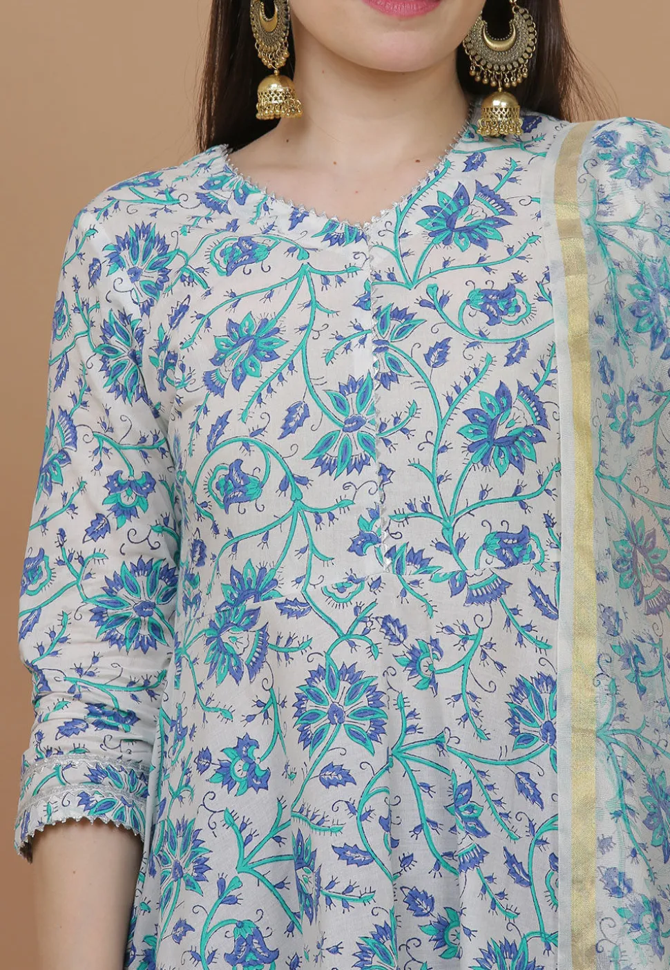 Printed Cotton Anarkali Suit in Off White