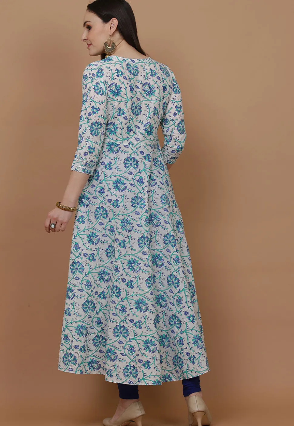 Printed Cotton Anarkali Suit in Off White