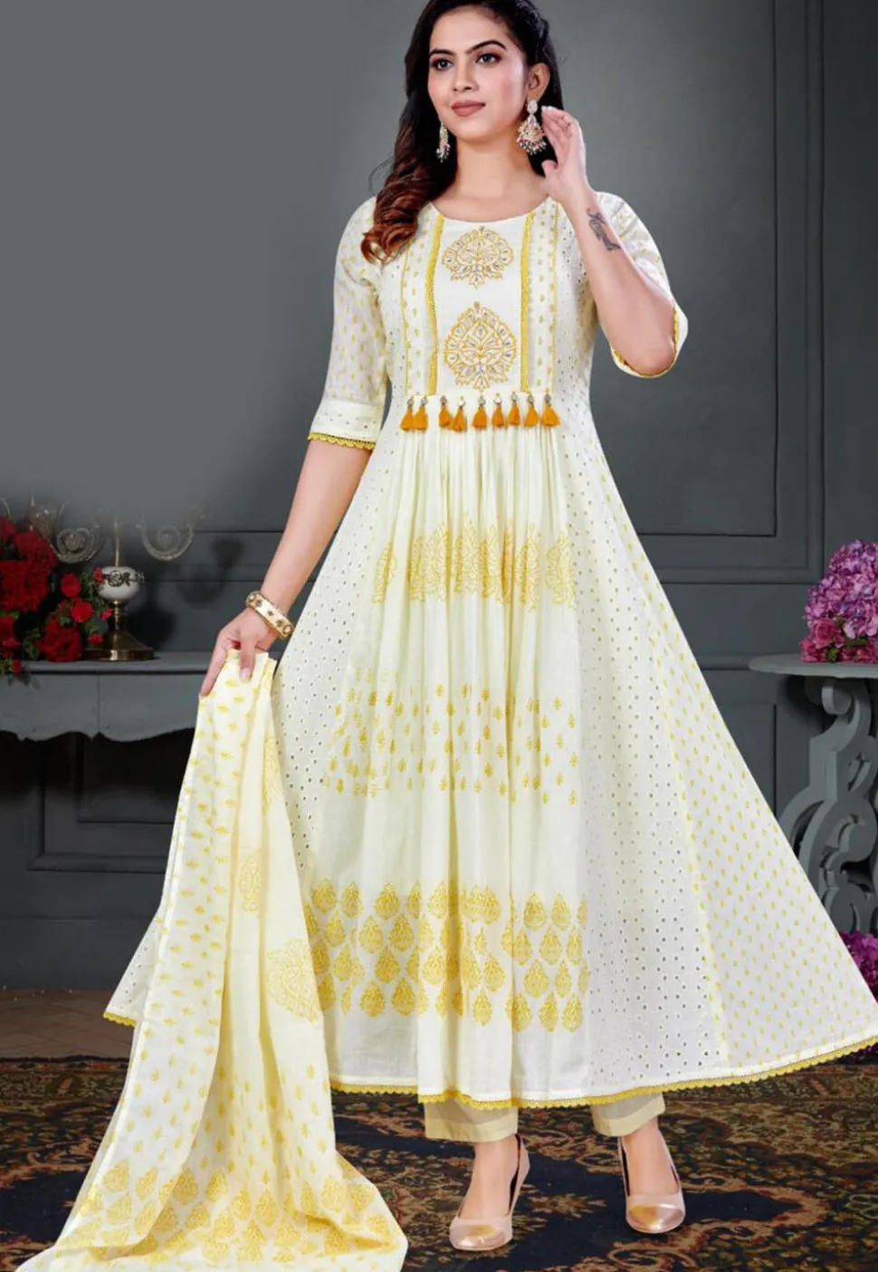 Printed Cotton Anarkali Suit in Off White