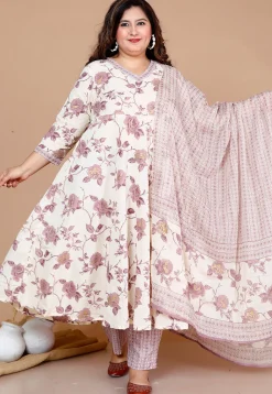 Printed Cotton Anarkali Suit in Off White