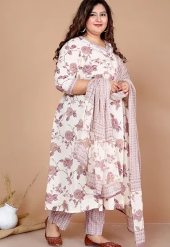 Printed Cotton Anarkali Suit in Off White