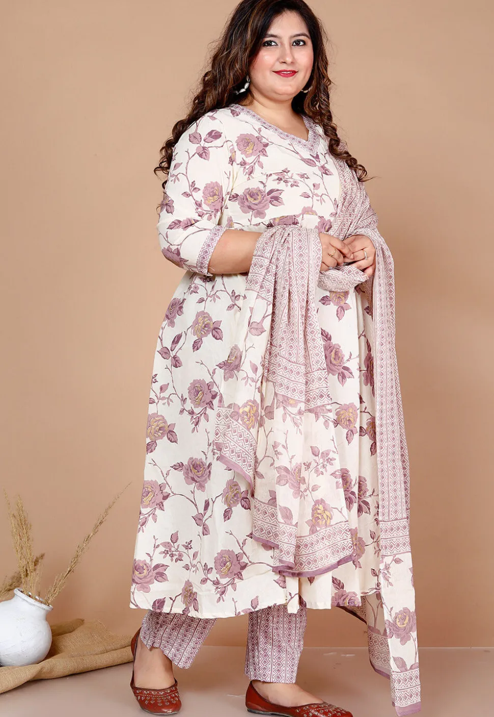 Printed Cotton Anarkali Suit in Off White