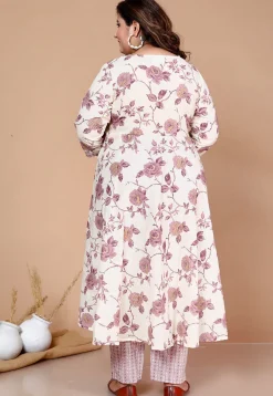 Printed Cotton Anarkali Suit in Off White