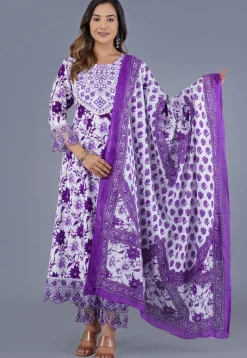 Printed Cotton Anarkali Suit in Off White and Purple