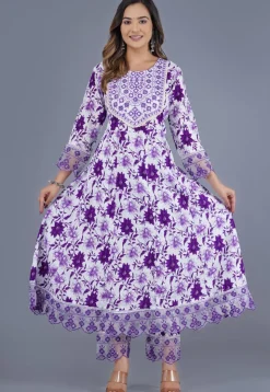 Printed Cotton Anarkali Suit in Off White and Purple