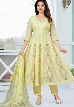 Printed Cotton Anarkali Suit in Yellow