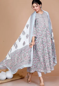 Printed Cotton Anarkali Suit in Blue