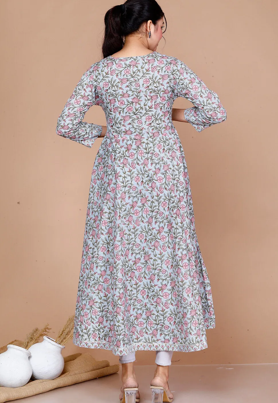 Printed Cotton Anarkali Suit in Blue