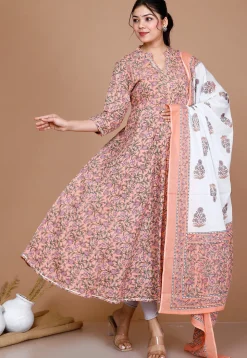 Printed Cotton Anarkali Suit in Peach