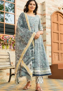 Printed Cotton Anarkali Suit in Light Grey