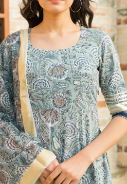 Printed Cotton Anarkali Suit in Light Grey