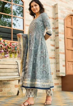 Printed Cotton Anarkali Suit in Light Grey