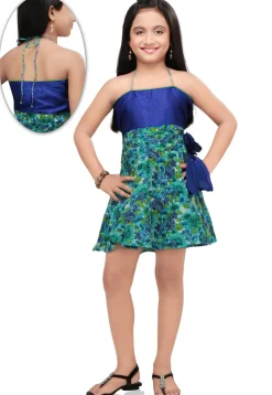 Printed Cotton and Dupion Dress in Blue