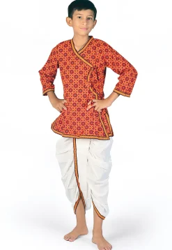 Printed Cotton Angrakha Kurta Dhoti Set in Red and White