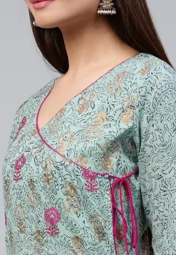 Printed Cotton Angrakha Style Anarkali Kurta in Light Blue