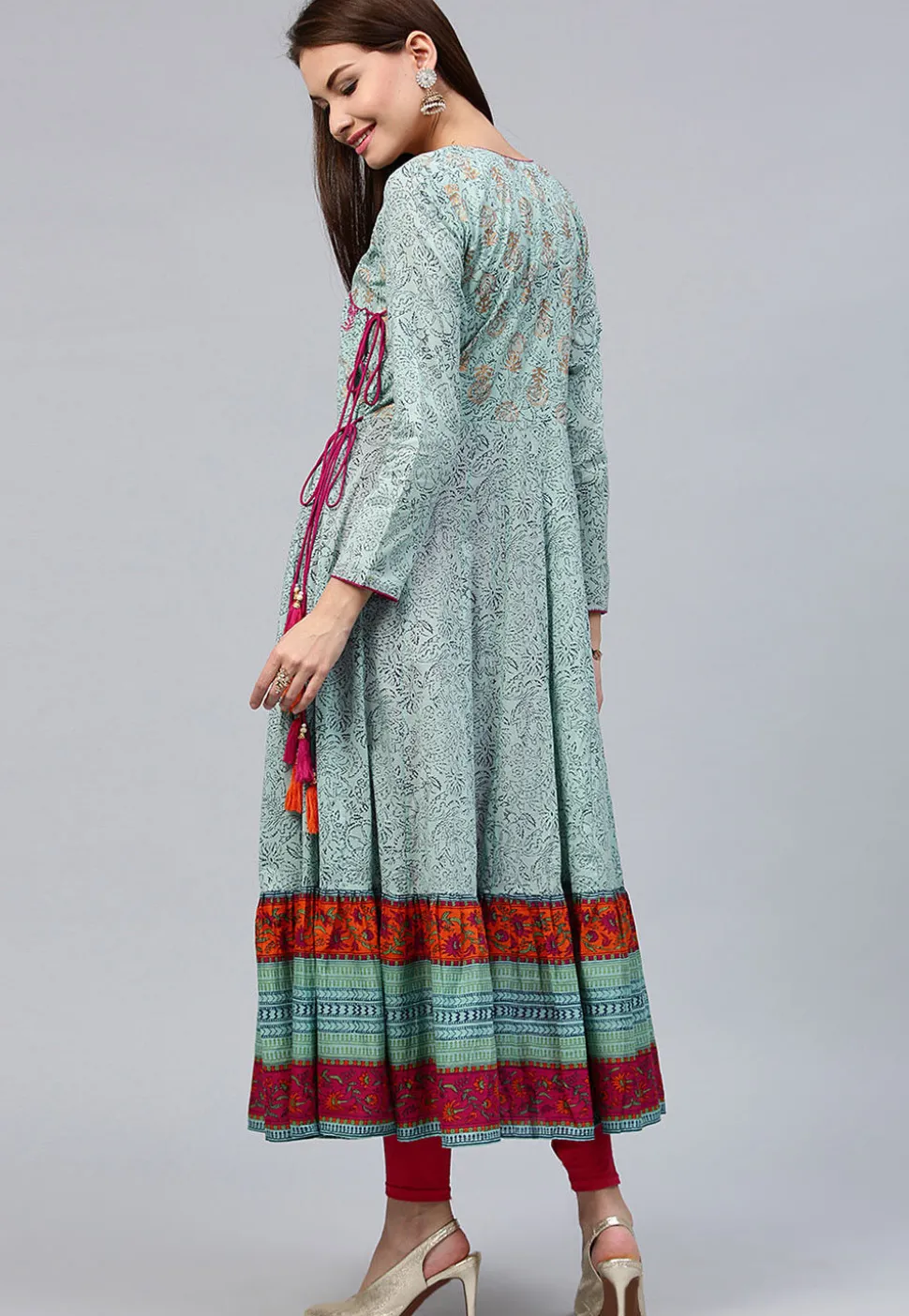 Printed Cotton Angrakha Style Anarkali Kurta in Light Blue