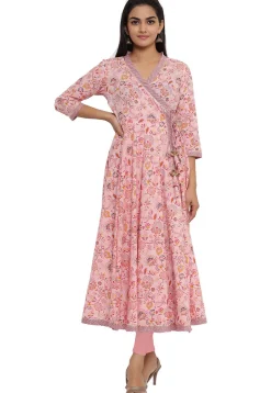 Printed Cotton Angrakha Style Anarkali Kurta in Light Pink