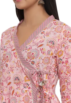 Printed Cotton Angrakha Style Anarkali Kurta in Light Pink