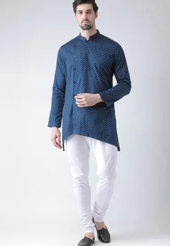 Printed Cotton Asymmetric Kurta Set in Navy Blue