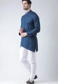 Printed Cotton Asymmetric Kurta Set in Navy Blue