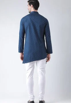 Printed Cotton Asymmetric Kurta Set in Navy Blue