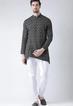 Printed Cotton Asymmetric Kurta Set in Black