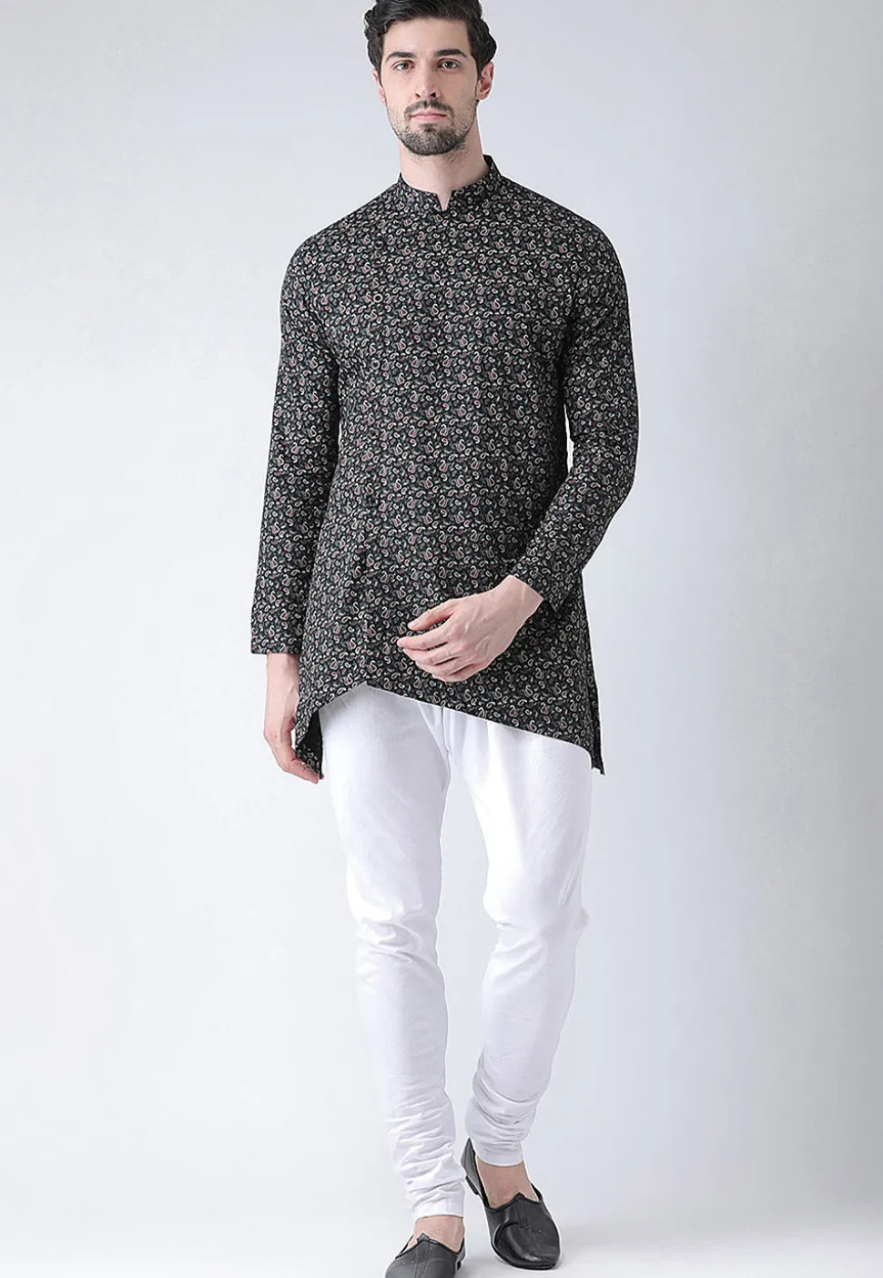Printed Cotton Asymmetric Kurta Set in Black