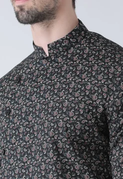 Printed Cotton Asymmetric Kurta Set in Black