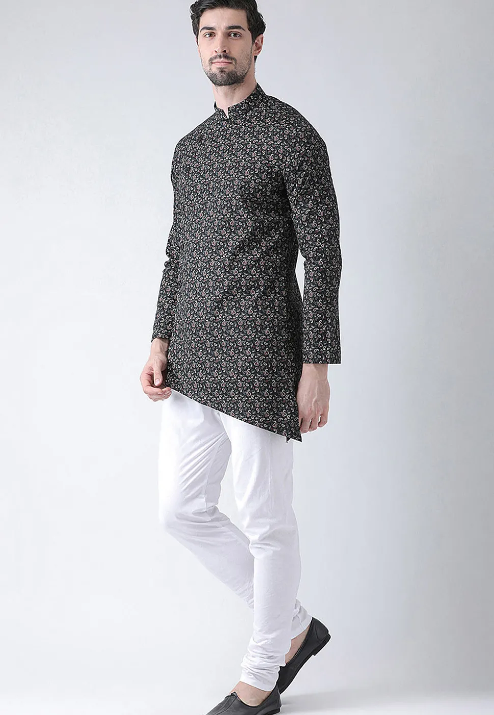 Printed Cotton Asymmetric Kurta Set in Black