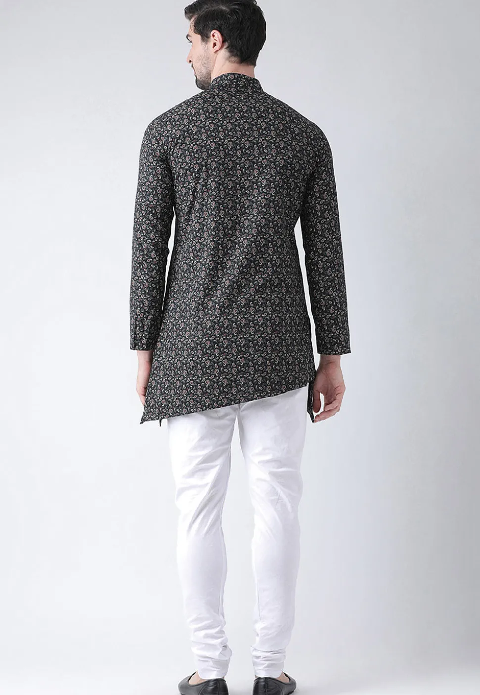 Printed Cotton Asymmetric Kurta Set in Black