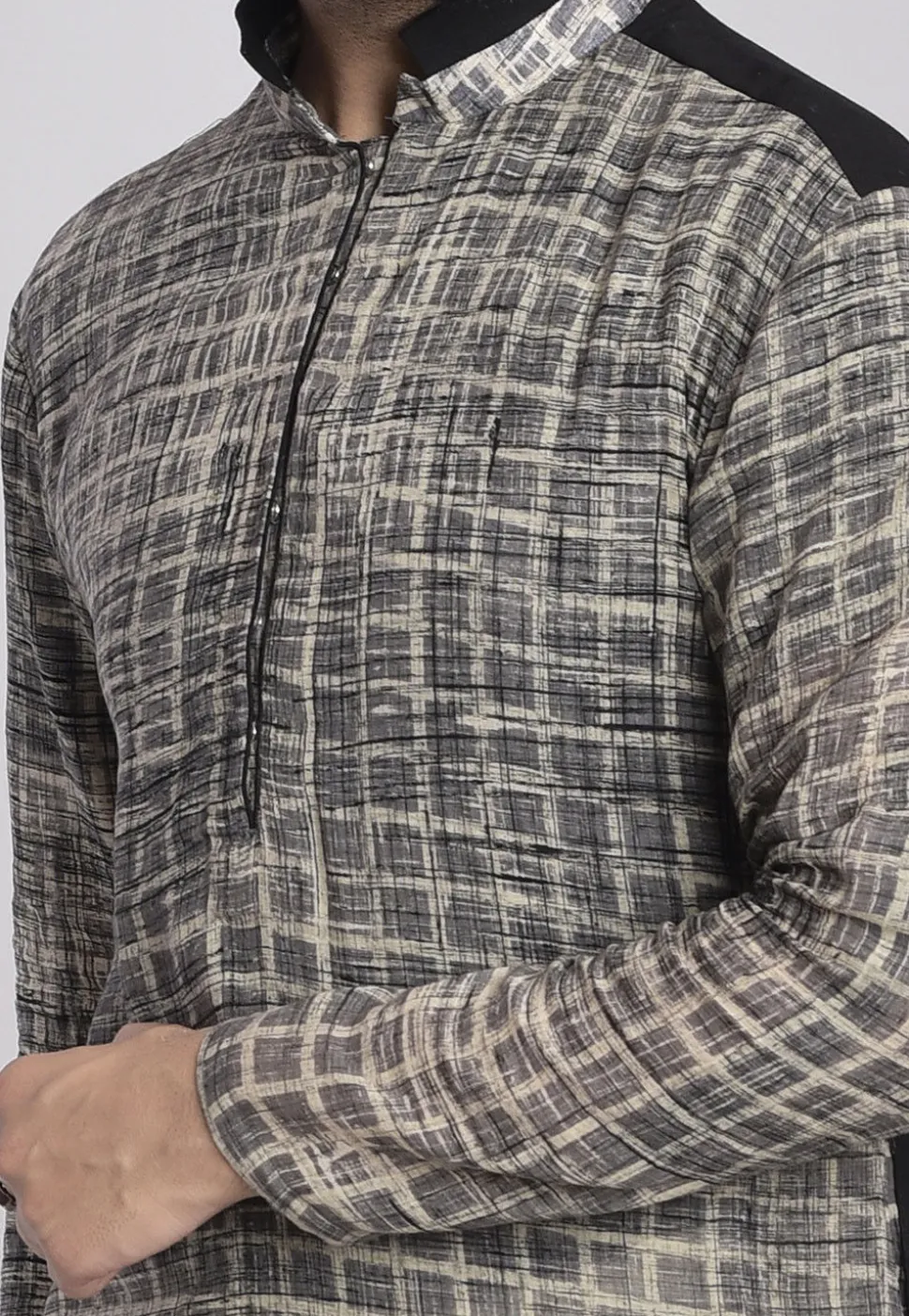Printed Cotton Asymmetric Kurta in Grey and Black