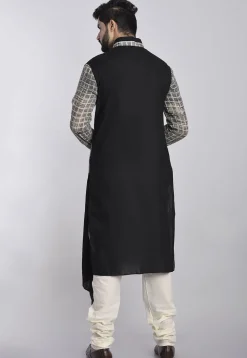 Printed Cotton Asymmetric Kurta in Grey and Black