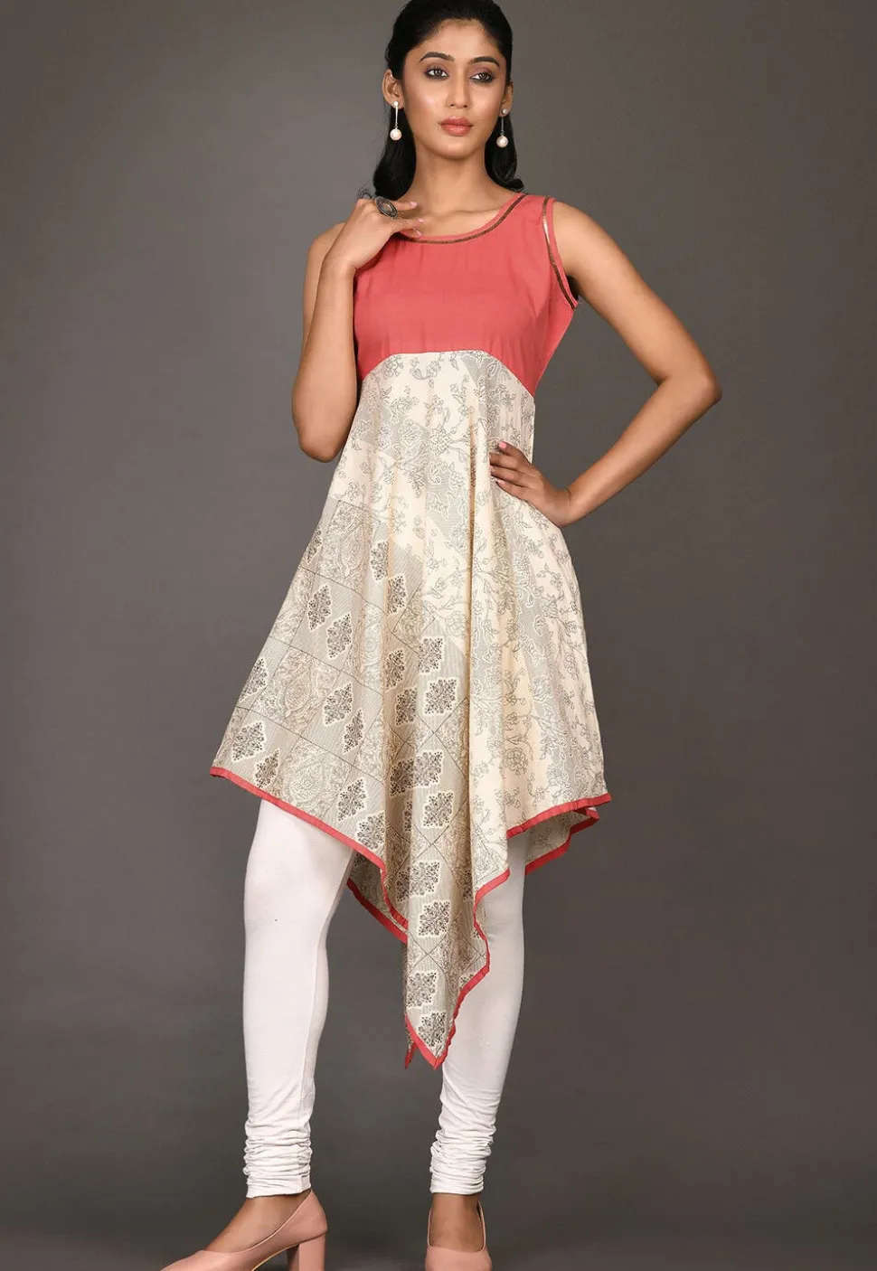 Printed Cotton Asymmetric Kurti in Light Beige