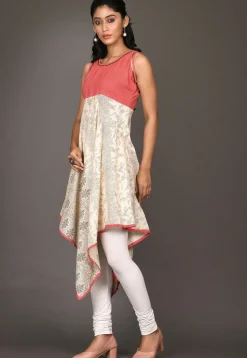 Printed Cotton Asymmetric Kurti in Light Beige