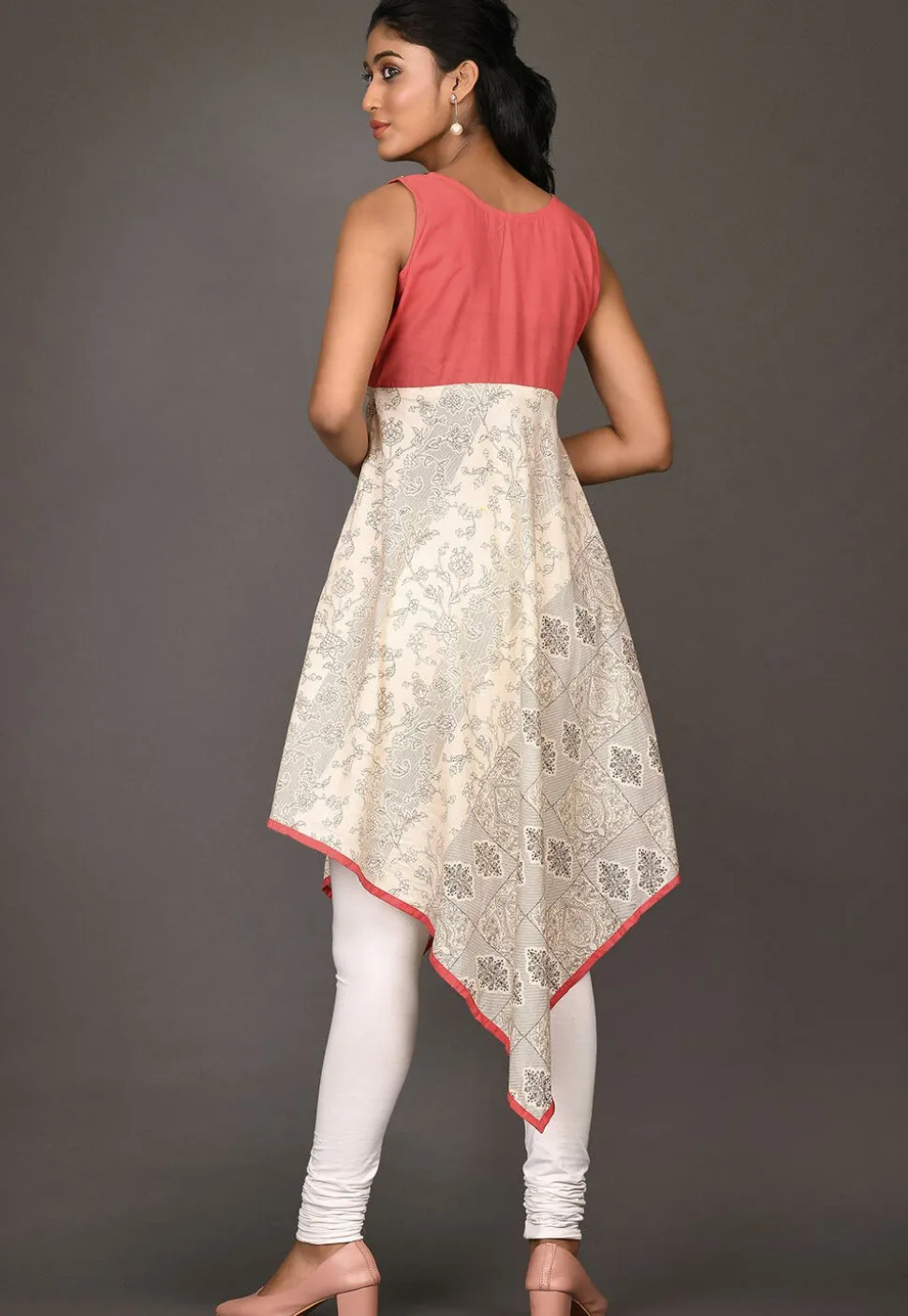 Printed Cotton Asymmetric Kurti in Light Beige