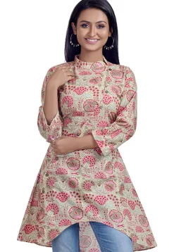 Printed Cotton Asymmetric Tunic in Light Fawn