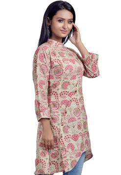 Printed Cotton Asymmetric Tunic in Light Fawn