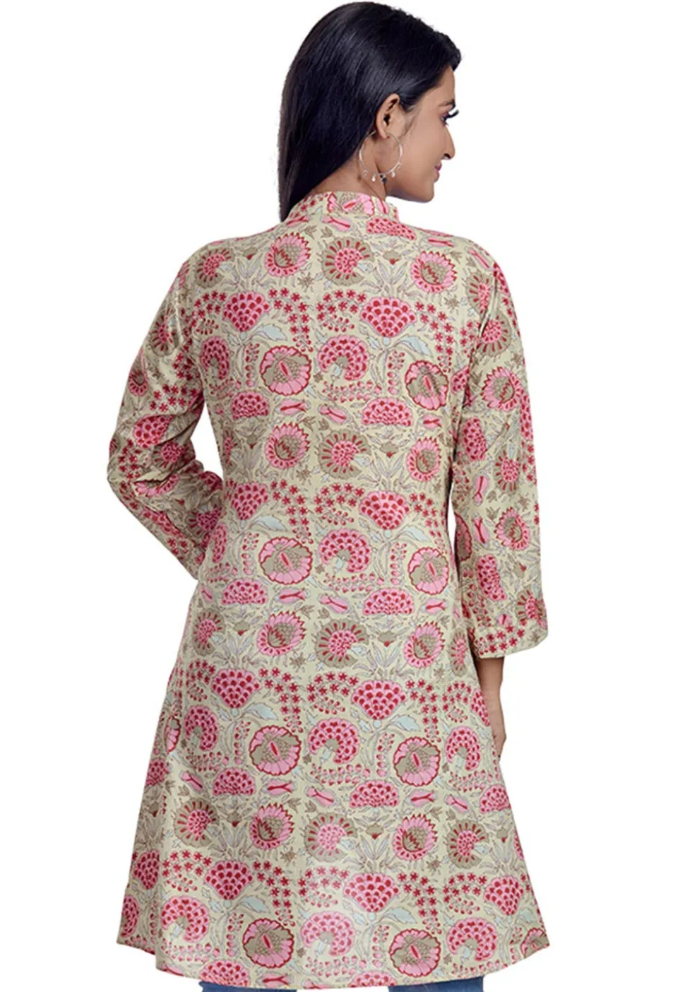Printed Cotton Asymmetric Tunic in Light Fawn