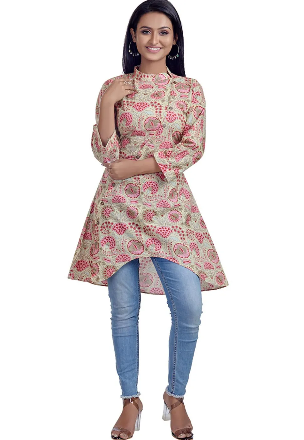 Printed Cotton Asymmetric Tunic in Light Fawn