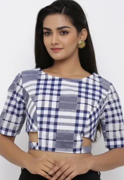Printed Cotton Blouse in White and Blue