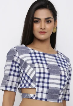 Printed Cotton Blouse in White and Blue