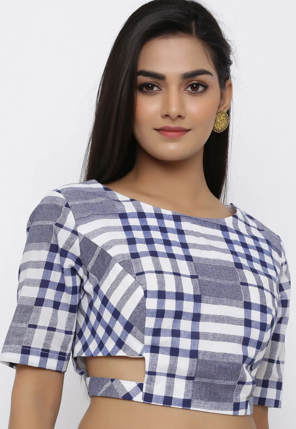 Printed Cotton Blouse in White and Blue