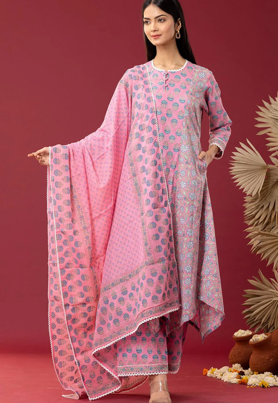 Printed Cotton Cambric Aline Suit in Pink