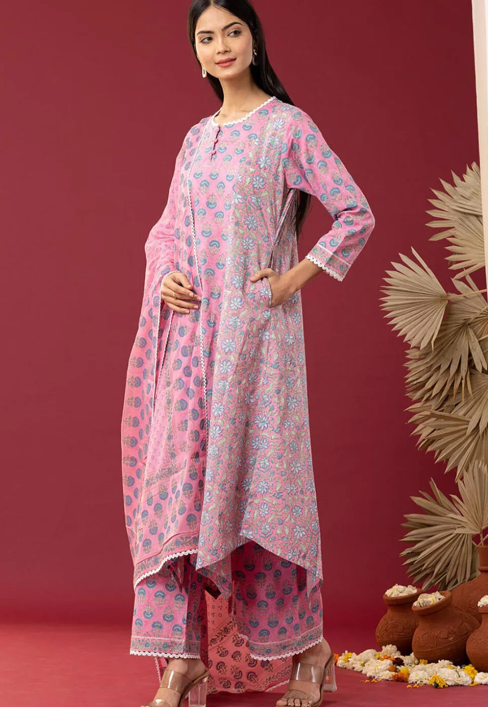 Printed Cotton Cambric Aline Suit in Pink