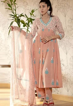 Printed Cotton Cambric Aline Suit in Light Peach