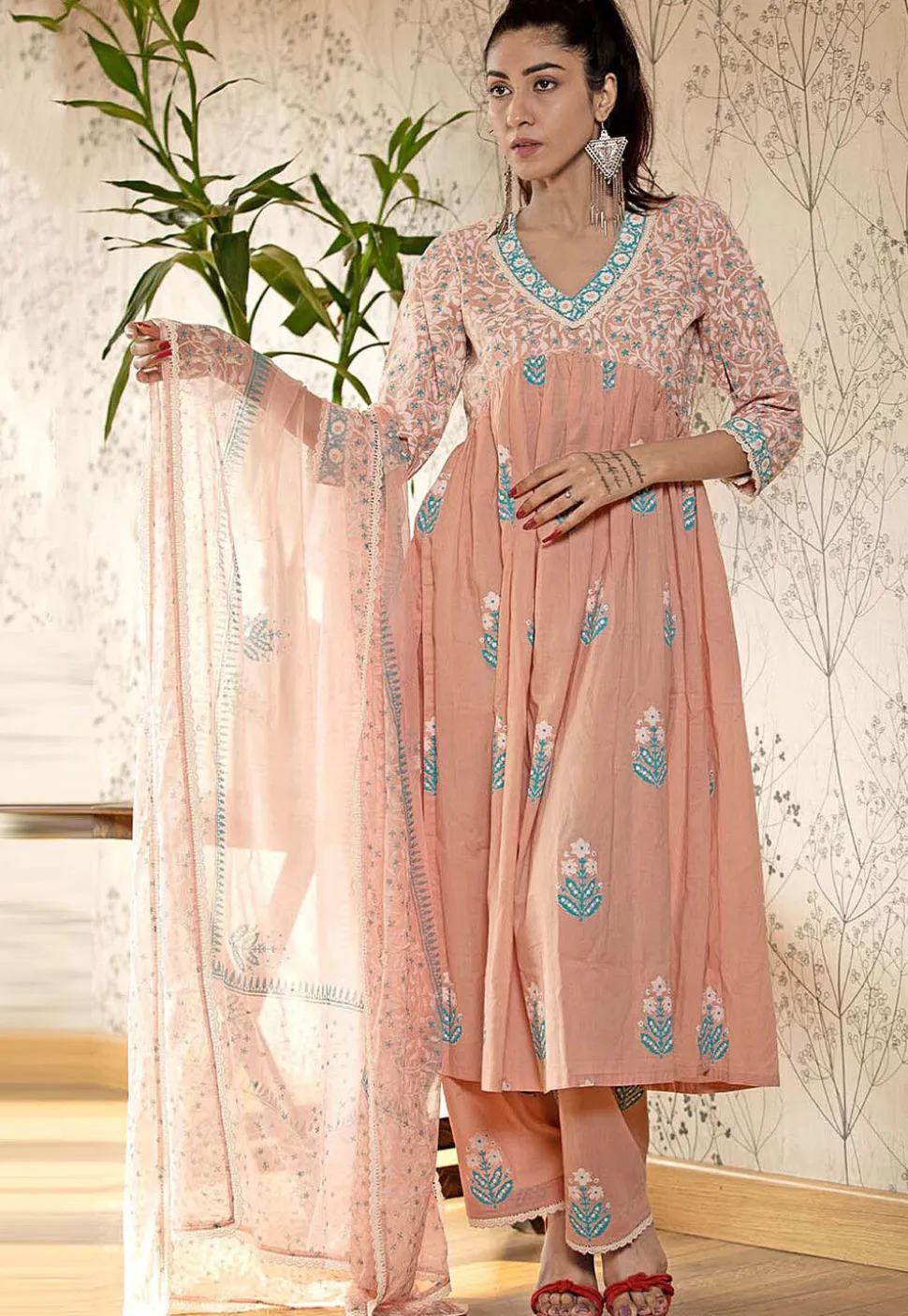 Printed Cotton Cambric Aline Suit in Light Peach