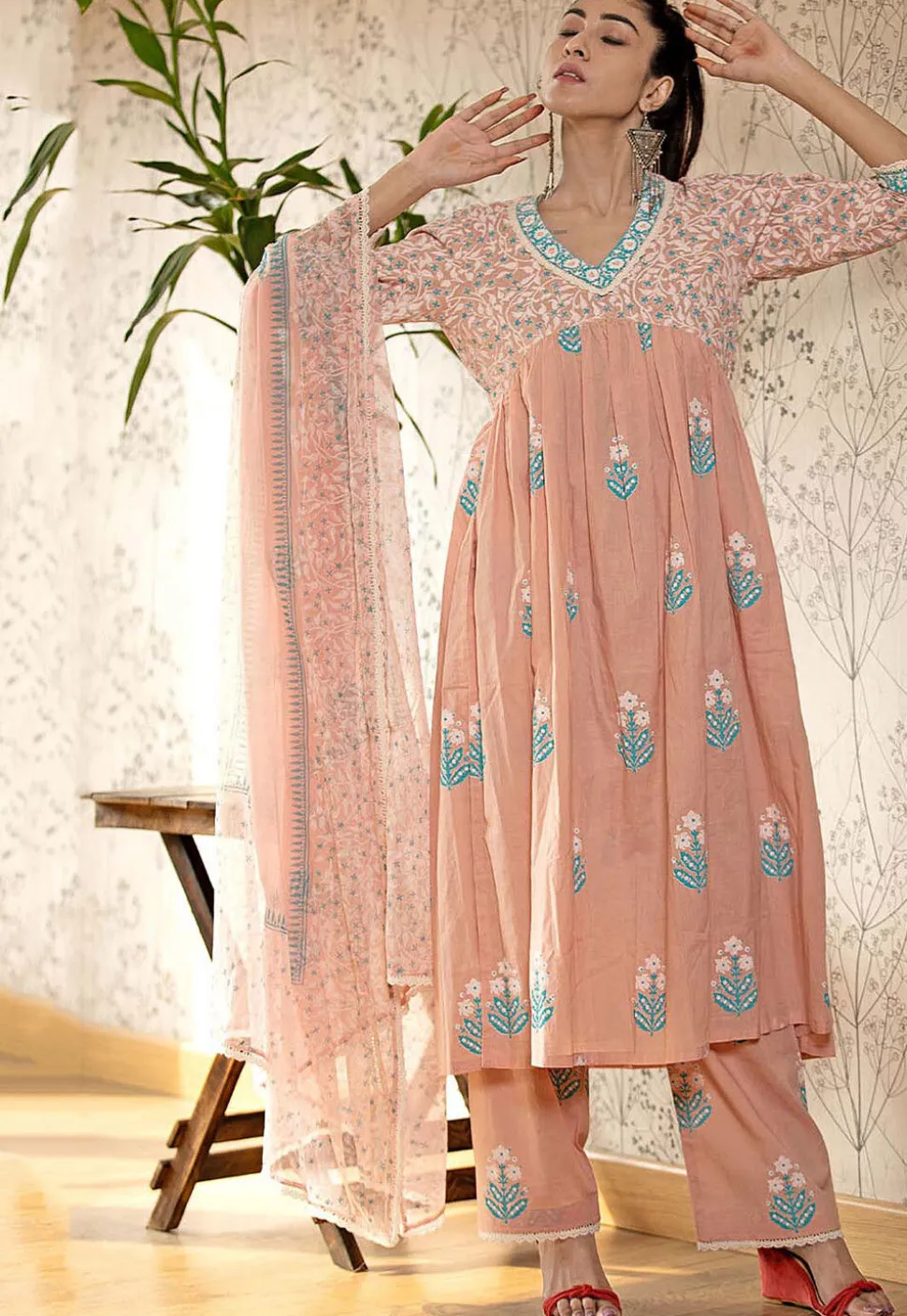 Printed Cotton Cambric Aline Suit in Light Peach