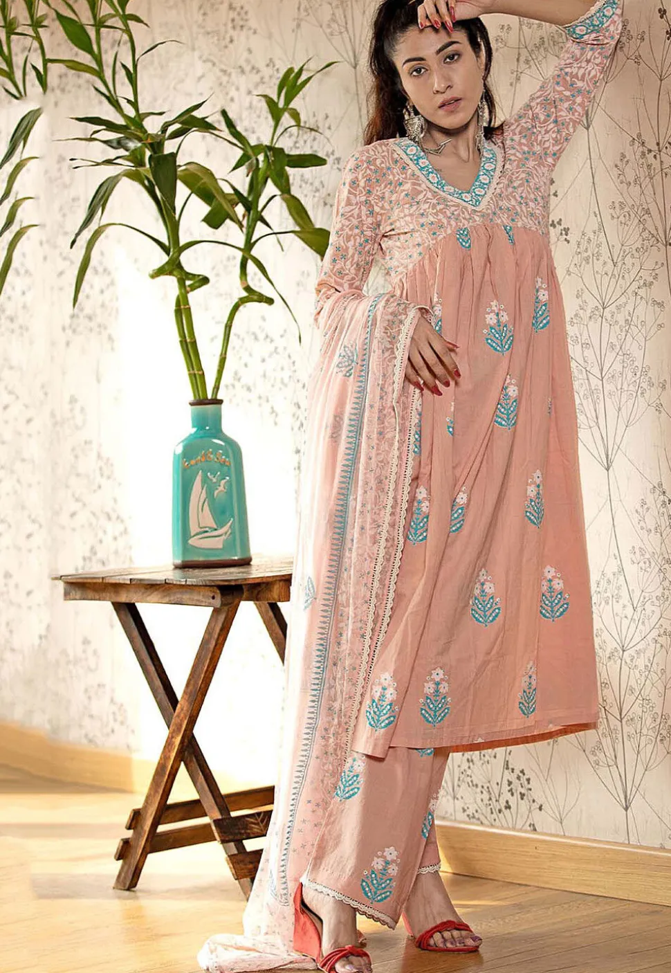 Printed Cotton Cambric Aline Suit in Light Peach